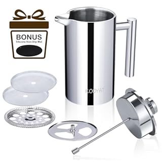 KOOYAT Cafetiere French Press Coffee Maker with Capacity of 1000ml / 8 Cup Double Walled Insulated Coffee Press for Ground Coffee at Home Travel Large Caffettiera Gift Set for Woman Man Silver Color