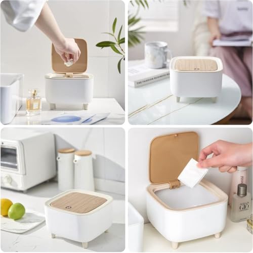 Image of Mini Portable Tabletop Dustbin, Mini Trash Can with Lid - Wastebasket for Bathroom Vanity, Desktop, Tabletop (Square Press - White)