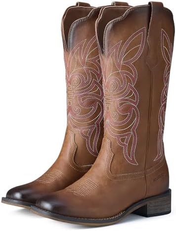 Rollda Cowgirl Boots Cowboy Boots for Women Square Toe Mid Calf W...