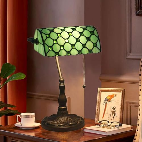 Lámpara de banquero lámpara de mesa de vidrio manchada de estilo tiffany de 10 pulgadas lámpara de escritorio vintage de lámpara vintage para leer regalo hecho a mano, regalo sorpresa azul, verde