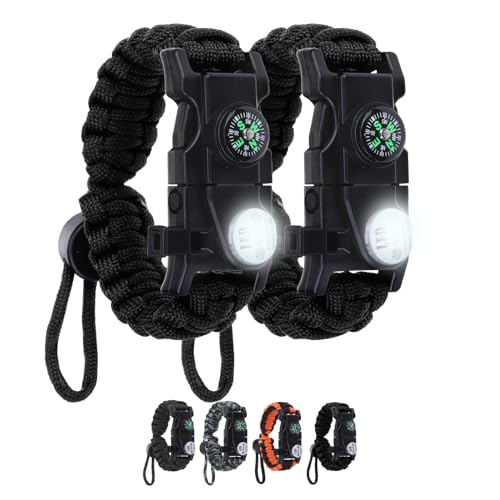Survival Bracelets, Paracord Bracelets (2 pcs) with Loud Whistle Light Flint, Adjustable Compass Bracelet for Outdoor Camping Hiking Fishing Hunting, Multitools Tactical Gear, Bearable 300 lb