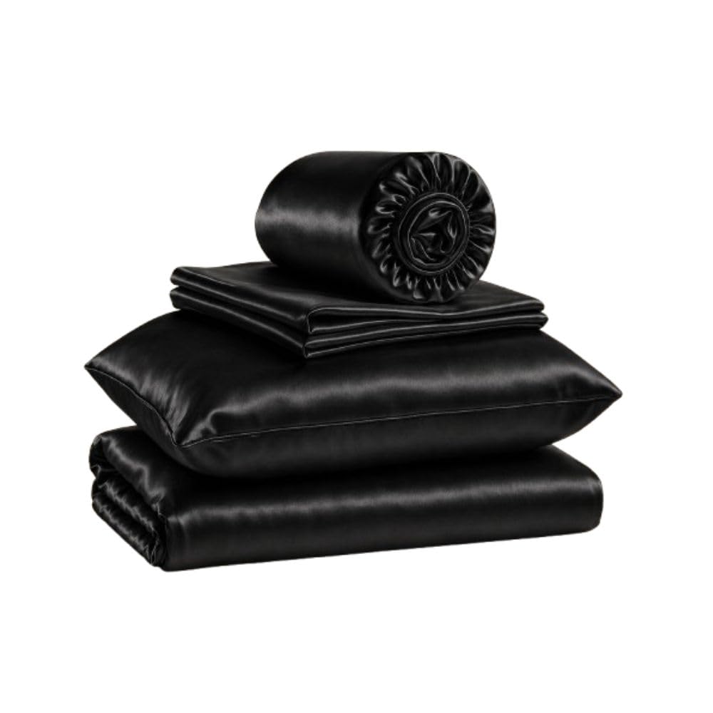 Juego de sábanas de 4 piezas de 500 hilos de seda pura tamaño Queen para cama, se adapta a colchones de hasta 13 a 15 pulgadas de profundidad, color negro sólido