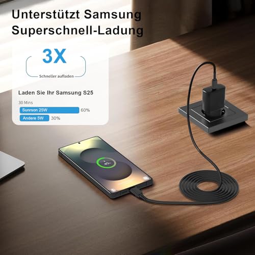 25W USB C Ladegerät Schnellladekabel Ladekabel für Samsung Galaxy S25 S24 S23 S22 S21 S20 fe S10 A56 A55 5g A54 A53 A52 A51 A35 A34 A33 A16 A15 A13, Schnellladegerät mit kabel 2M Netzteil Fast Charger