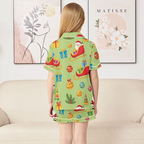 Satin Pajama Sets Short Sleeve Santa Sleighs Button Down Silky Nightwear 2 Piece PJS 5-14Y4