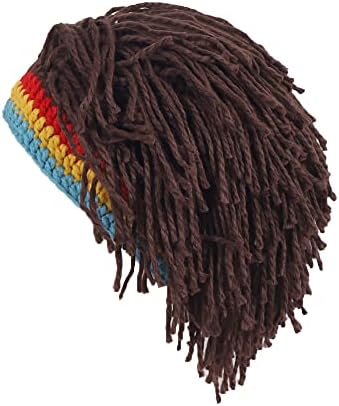 Men Knit Hat with Hair Boys Funny Handmade Knitting Winter Hat Beanie Rasta Hat with Dreadlocks