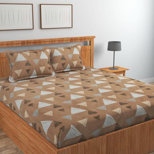 Image of Jashan Super Soft Glace Cotton Fabric 300 TC All Around Elastic Fitted Elegent Design Queen Size Double Bedsheet with 2 Pillow Covers Fits Upto Mattress of 10 Inche,Size-72 x 78 x 10 Inche-Brown