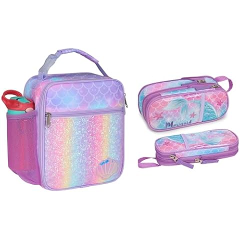 Bagseri Kids Lunch Box and Kids Pencil Case Bundle, Insulated Lunch Bag for Girls and Expandable Large Capacity Gilrs Pencil Case Cover