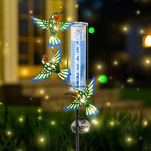 Solar Rain Gauge Outdoor, Hummingbird for Yard Patio Lawn Garden Decor