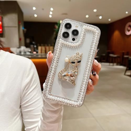 Image of COVERLY Luxury 3D Rhinestone Pearl Diamond Bling Kitty Phone Case for iPhone 15 Pro Max - Sparkle DIY Handmade Crystal Design, Soft Fashion Protective Case with Adorable Phone Charm for Women & Girls