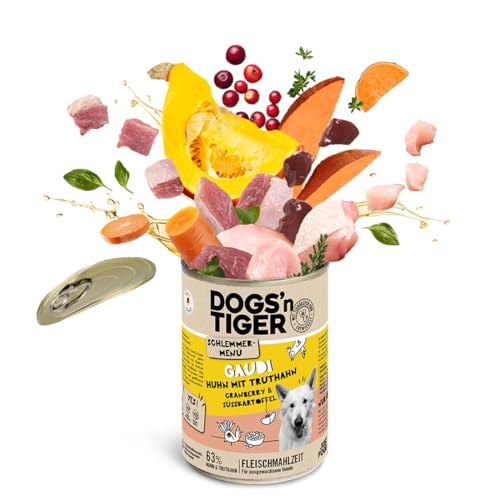 Dogs’n Tiger Adult Hundefutter, Gaudi, Hundenassfutter mit Huhn, Truthahn, Cranberries und Süßkartoffel - ohne Getreide, Zuckerzusatz, künstliche Konservierungsstoffe, 6X 400g