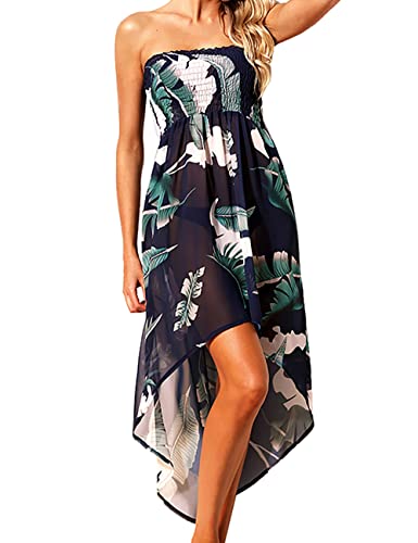 Eiffel Women\'s Boho Chiffon Off Shoulder Vacation Holiday Summer Beach Long Maxi Dress Swimwear (Large, Green Leaf Print)