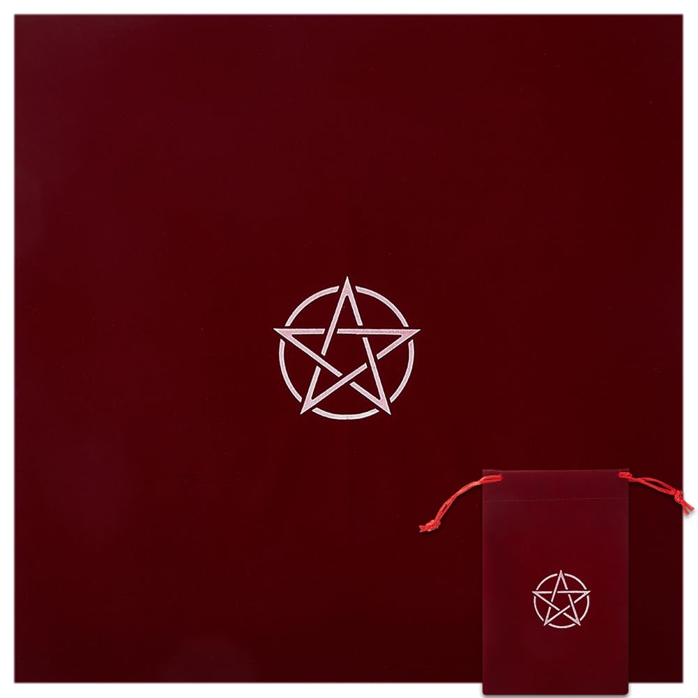 CREATCABIN Altar Cloth Tarot Card Bags Square Tarot Cloth Red Pentagram Velvet Packing Jewelry Pouches Tarot Storage Drawstring Bag Table Cloth for Crystals Witchcraft Divination Witchery Supplies
