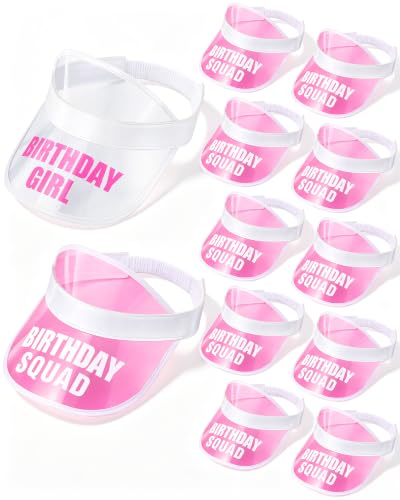 Jecery Girl Birthday Hat Sun Visors Bulk 6/12 Pcs Women Crew Squad Hat Plastic Clear Beach Adjustable Cap Headwear for Party(White and Pink,12 Pcs)