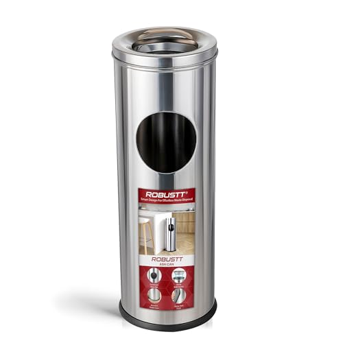 Image of Robustt Stainless Steel Ash Tray Dustbin - 20 L | 23 x 63.5 cm | Dual-Purpose Ash Can with Removable Ashtray & Anti-Skid Base | Corrosion-Resistant Trash Bin for Kitchen, Bathroom & Commercial Use