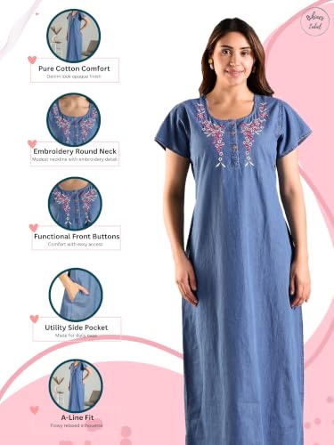 Image of 9shines Label Stylish Denim Cotton Nighty Maxi for Women | Full Length Trendy Nightgown | Premium Nightdress | Nightwear | Embroidery Nighty with Pocket (9SDS)