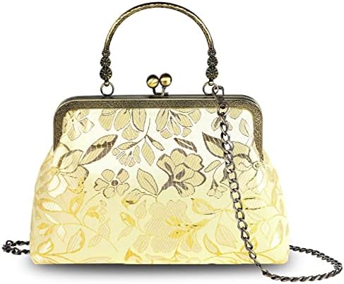 Floral Top-Handle Handbag, Kiss Lock Evening Bag for Women, Vintage Purse with Chain, Women's Retro Clutch Bag for Party Yellow-leaf