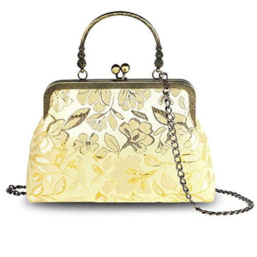 Floral Top-Handle Handbag, Kiss Lock Evening Bag For Women, Vintage Purse With Chain, Women's Retro Clutch Bag For Party Yellow-Leaf #TOP3