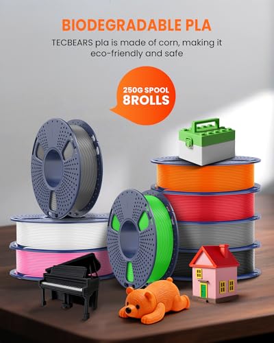 Image of TECBEARS PLA 3D Printer Filament Bundle, 250g PLA Filament, 0.25kg /Spool,Total 4kg, 16 Packs, Black+White+Grey+Red+Blue+Green+Yellow+Orange+Pink+Skin+Chocolate+Silver+Olive Green+Transparent+Gold+Wood