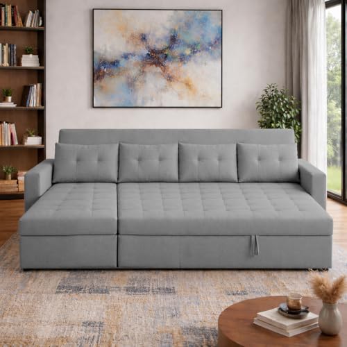 Image of Emilio 6 Seater LHS L - Shape Pull-Out Sofa Cum Bed Sofa for Living Room (Dark Grey Fabric Color) Premium Fabric Sofa Set for Living Room Sofa Cum Bed