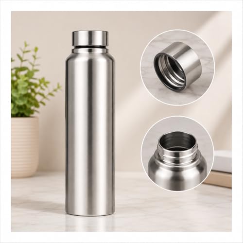 Image of Melvio Water Bottle Stainless Steel Sports /Fridge Bottle with Leak Proof Lid | Single Wall | For Home, Office, Gym, Travelling | Lightweight | BPA Free | 1000ml | Silver) (Set of 5)