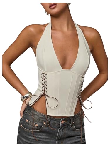 MakeMeChic Women's Y2K Halter Corset Crop Tops Cowboy Chic Lace Up Sleeveless Cami Top