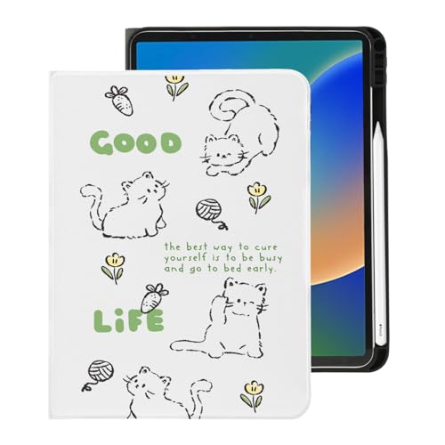Cute Kawaii Kitten for iPad (A16) Case 11th/10th Generation 11''/10.9'' 2025/2022 with Pencil Holder, Auto Sleep/Wake and Multiple Viewing Angles, White Leather Soft TPU Back Cover