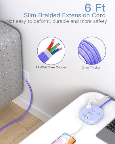 Image of Cruise Ship Travel Essentials, 22.5W /4.5A Flat Plug Power Strip, 6Ft Extension Cord, 3 Outlets 4 USB Ports (2 USB C) Cruise Approved Power Strip No Surge Protection, Desktop Charging Station, Purple