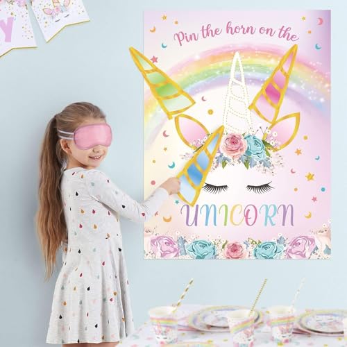 Image of WERNNSAI Pin The Horn on The Unicorn Rainbow Birthday Party Games for Kids | Unicorn Birthday Decorations,Pin The Tail on the Unicorn,28 inch x 21 inch Poster with 24 Stickers and Blindfold