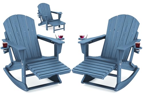 KINGYES Adirondack Rocking Chair Set of 2 with Retractable Ottoman and Cup Holders, HDPE Adirondack Rocker Patio Rocking Chair for Porch, Patio, Balcony, Deep Blue