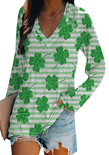 Image of BOFETA Women St Patricks Day Sweatshirts Loose Long Sleeve Shirts Green Shamrock Print Blouse Flowy Color Block Pullover Tops