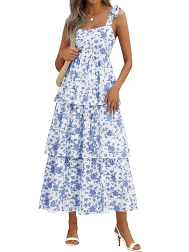 Wenrine Womens Summer Floral Maxi Dress Casual Tie Strap Sleeveless Ruffle Tiered Smocked Loose Boho Beach Dresses Sky Blue