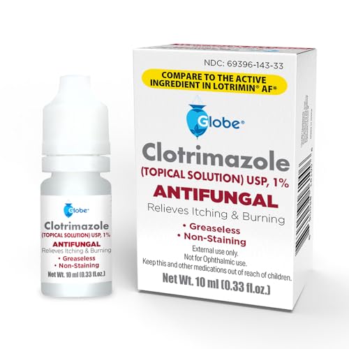 Globe 1% Topical Clotrimazole Solution 10ml Bottle (0.33 Fluid Ounce Liquid) for Athlete’s Foot, Jock Itch, Ringworm Fast-Acting Relief- Extra Strength Formula for Itching,Irritation & Skin Protection