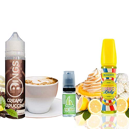 E Liquide Rings Creamy Capuccino 50ml - 70vg 30pg + Liquide Dinner Lady Lemon Tart 50ml - 70vg 30pg - Sans nicotine + Liquide The Boat 10ml Citron et citron vert - Sans nicotine et sans tabac.