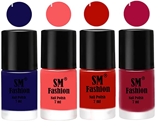 Image of Nail Polish Combo Set (Pack of 4) Quick Dry Gel Finish Nail Paint | Dark Blue,Light Pink,Red Orange,Raspberry | 7 ml Each