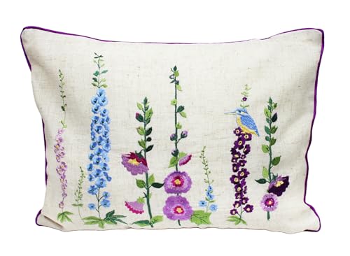 Image of Peggy Wilkins Hollyhock Lane Floral Embroidered Cushion Garden Design – 33 x 45cm Polyester Linen Blend Decorative Throw Pillow with Zip Cover