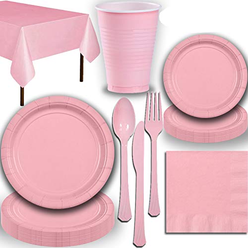 Disposable Party Supplies, Serves 40 - Light Pink - Large and Small Paper Plates, 12 oz Plastic Cups, heavyweight Cutlery, Napkins, and Tablecloths. Full Tableware Set