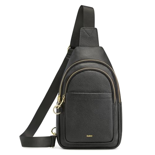Image of Kattee Sling Bag for Women, Leather Crossbody Bag for Travel, Black | Top Grain Pebbled Leather. RFID back pocket, small chest bag fit 6.9-inch phone, fanny pack with adjustable strap.