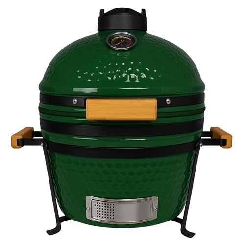 Barbecue Kamado Grill japonais en Céramique - Ø40 cm - Charbon de Bois - Thermomètre Intégré - Poignée en Bois - Couleur Vert - Idéal Jardin, Terrasse, Camping