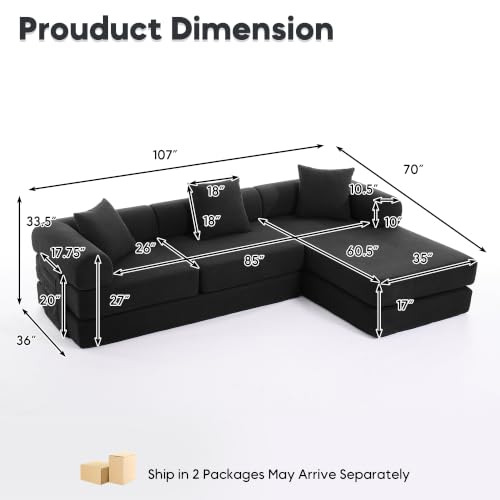 Image of 107 inch Convertible Futon Sofa Bed, Boneless Couches for Living Room, Black