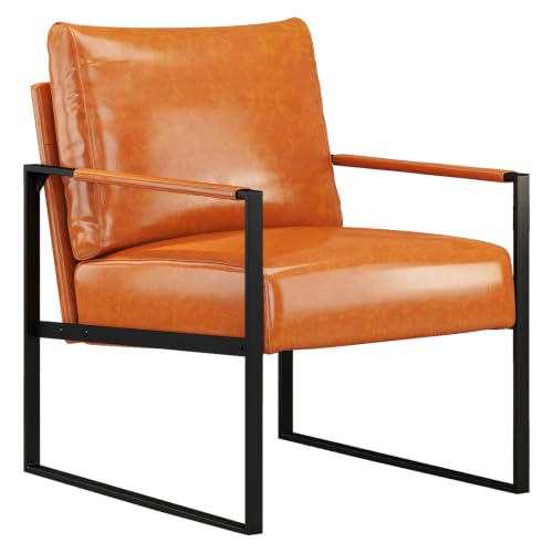 CANMOV Mid Century Modern Accent Chair, PU Leather Armchair with Metal Frame,Comfy Single Reading Chair with Soft Padded Backrest and Cushion for Living Room, Bedroom,Reading Room,Office,Brown