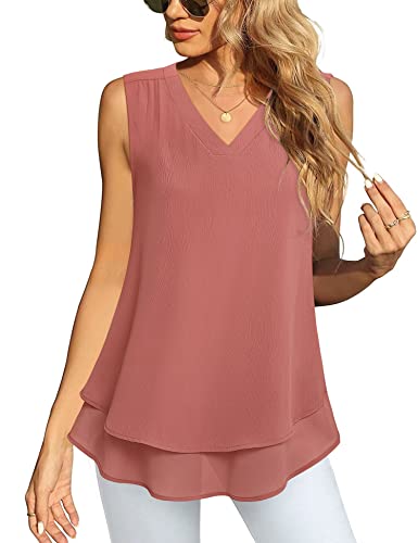Women Blouses Elegant Casual Messic Sleeveless Blouses For Women Business Casual Work Tops For Women 2023 Tank Top Tunics Chiffon Office Top Double Layered Dressy Shirts Career Formal Blouse Carmine M #TOP3