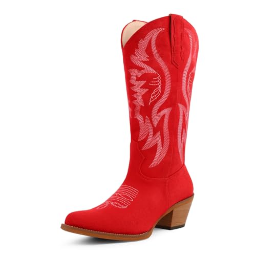 LingxiaUne Red Cowboy Boots for Women Mid Calf Suede Cowgirl Boots Pointed Toe Chunky Heel Western Boots for Dancing Party Concert Red Size 8