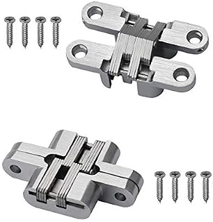 2 Pieces Concealed Cross Hidden Hinges for Cabinet Cupboard Wooden Box, 180 Degree Invisible Folding Door Hinge, Silver, Zinc Alloy and Stainless Steel