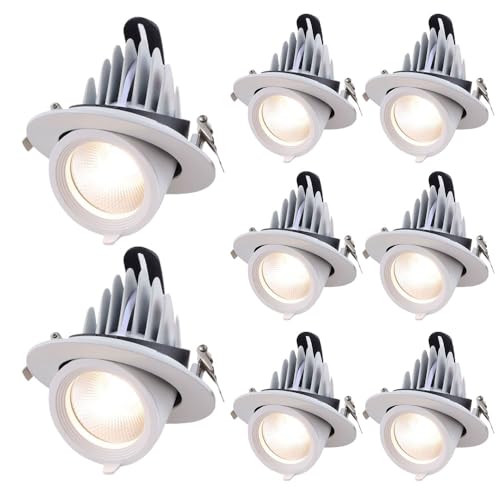 Paquete de 8 focos LED redondos de color blanco con cardán, luz con forma de trompa de elefante giratoria de 360°, focos LED empotrables regulables, CRI 90+, foco LED