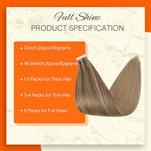 Image of Full Shine Tape in Hair Extensions Human Hair 14 Inch Balayage Hair Extensions Real Human Hair Tape in 50Grams 20Pcs 10 /16 /16 Highlights Golden Brown Mixed Golden Blonde Skin Weft Hair Extensions