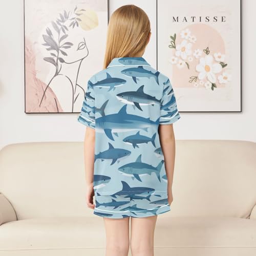 Satin Pajama Sets Short Sleeve Shark Pattern Print on Fabric Button Down Silky Nightwear 2 Piece PJS 5-14Y4
