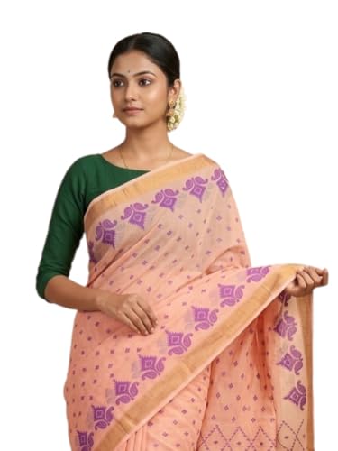 Image of eC ESHA'S COLLECTION Women's Kerala Cotton Floral Motif Printed Zari Bordered Tant Saree Without Blouse Piece
