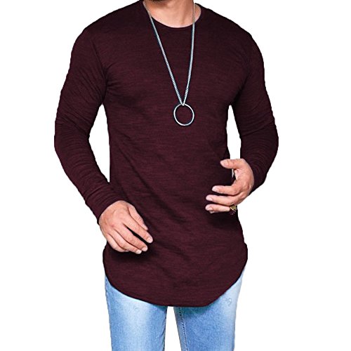 LIWEIKE Herren-T-Shirt, langärmelig, Hipster-Stil, Hipster-Stil, Swag, geschwungener Saum - Rot - Groß Cover