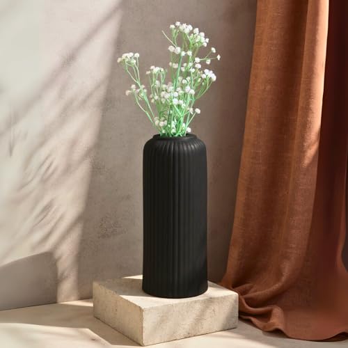 Image of KREATIVE ART'S Modern Ribbed Design Ceramic Flower Vase for Living Room, Flower Pots for Artificial Flower, Home Decoration Item, Home Decor, Vases for Living Room (Black, Large)