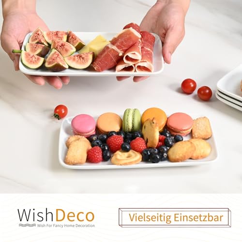 WishDeco Rechteckige Teller 6er Set, Servierplatte Klein 23x12 cm, Dessertteller Rechteckig Länglich, Servierteller Porzellan Weiß für Antipasti, Dessert, Kuchen, Sushi, Salat